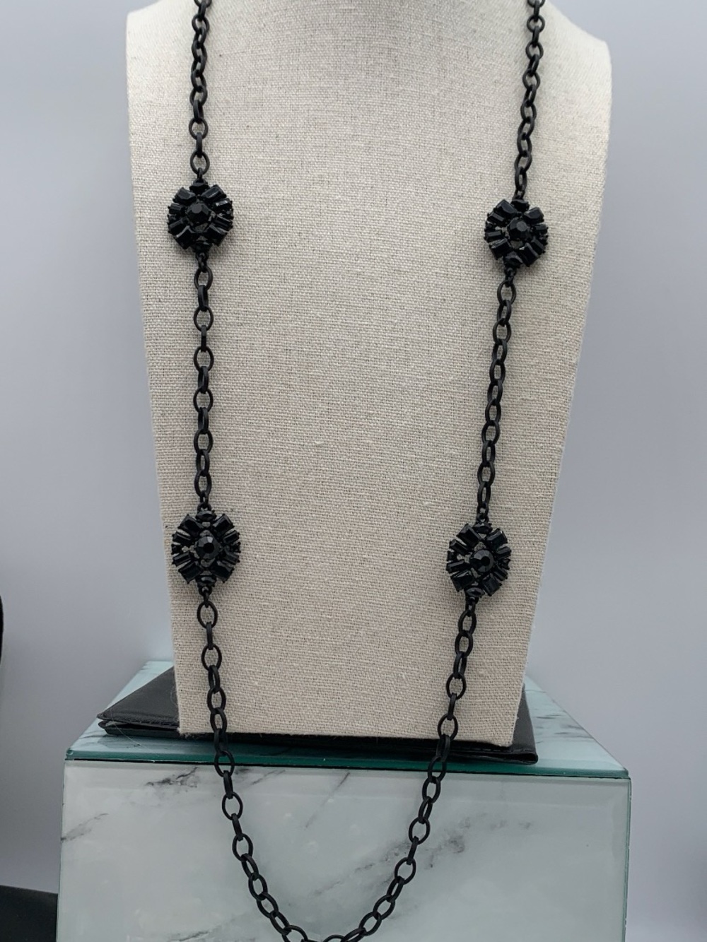 NWT Lydell NYC Black Long Chain Necklace with rhinestone floral stations 32”